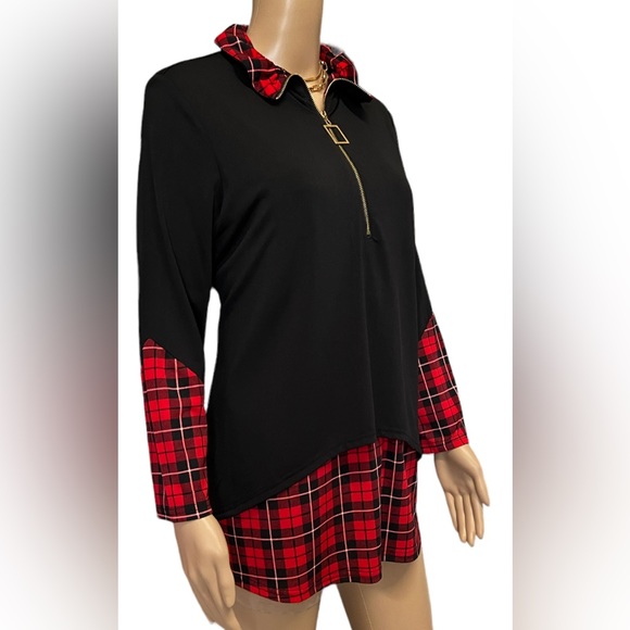 NWT Calessa Color Block Print Long Sleeves Half Zip Layered Twofer Tunic Medium - Picture 3 of 9